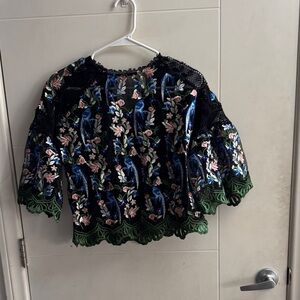 Topshop Black Lace Blouse with  Floral Design 21” from shoulder to bottom